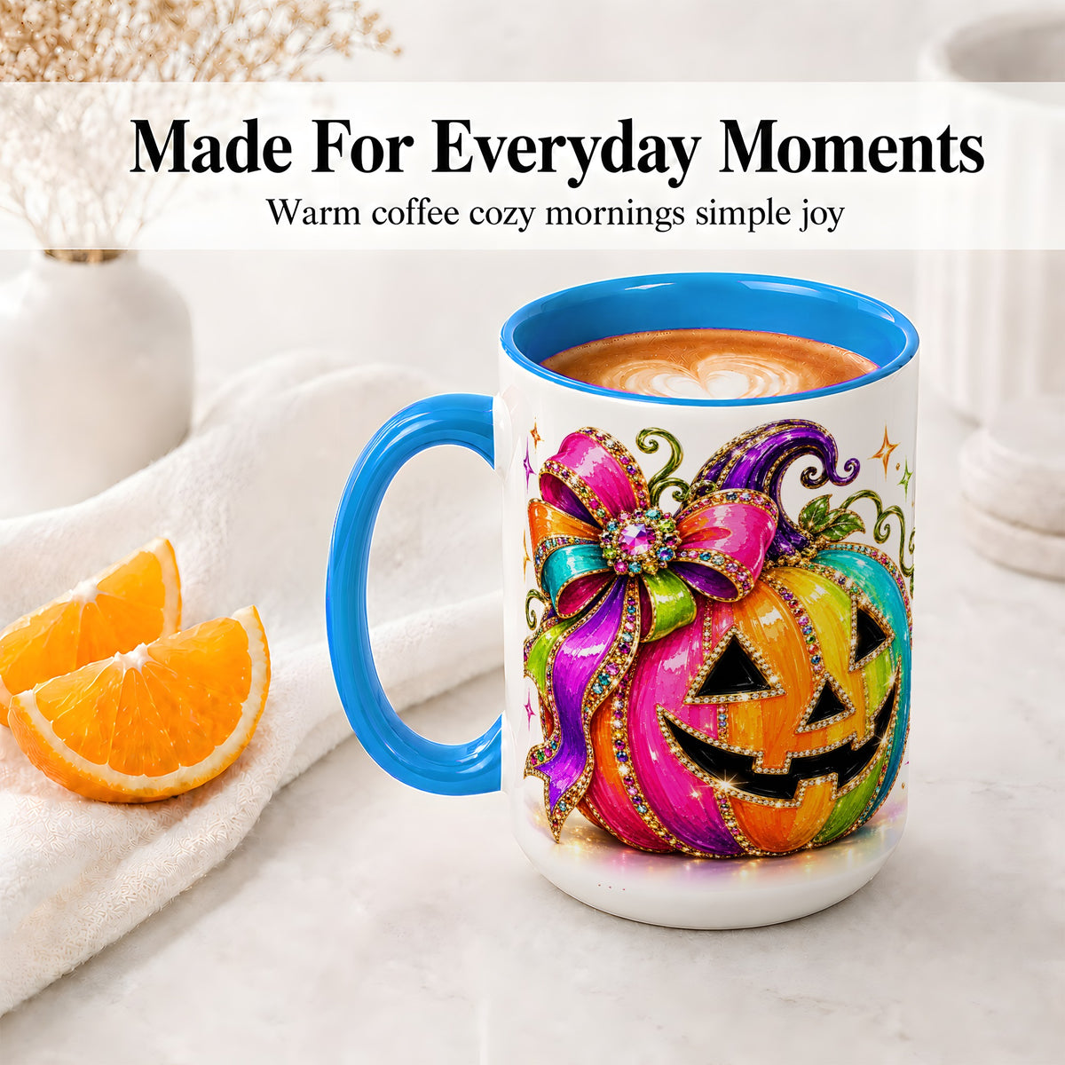 #pl[15oz|Blue] Rainbow Halloween Pumpkin Ceramic Mug, Jewel-Inspired Bow Artwork
