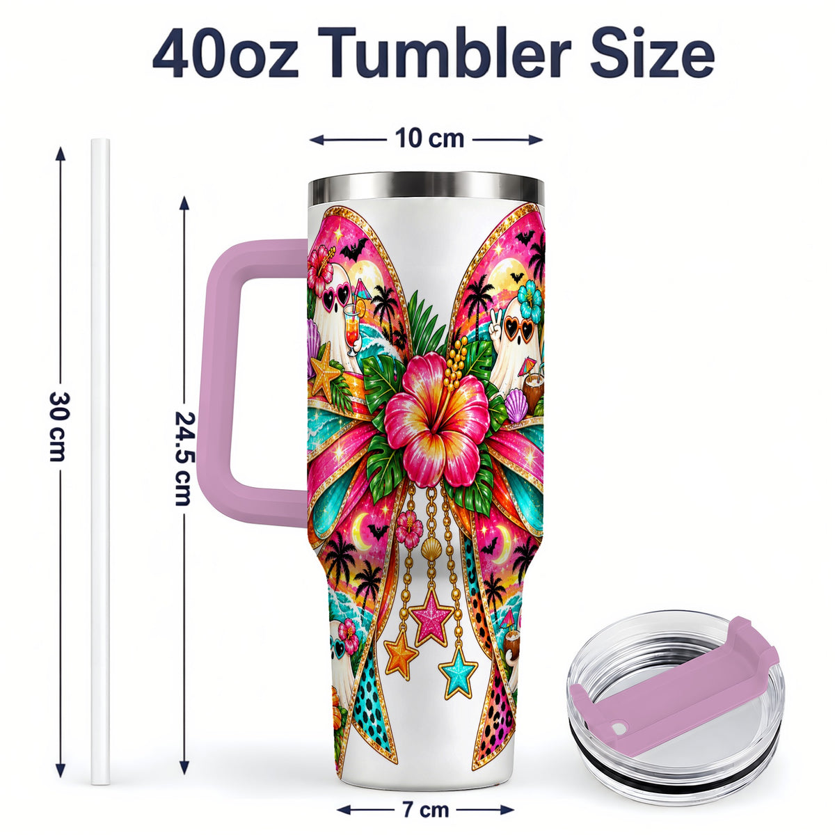 #pl[40oz|Pink] Tropical Ghost Bow 40oz Tumbler, Stainless Steel Beach Halloween Art