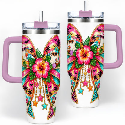 #pl[40oz|Pink] Tropical Ghost Bow 40oz Tumbler, Stainless Steel Beach Halloween Art