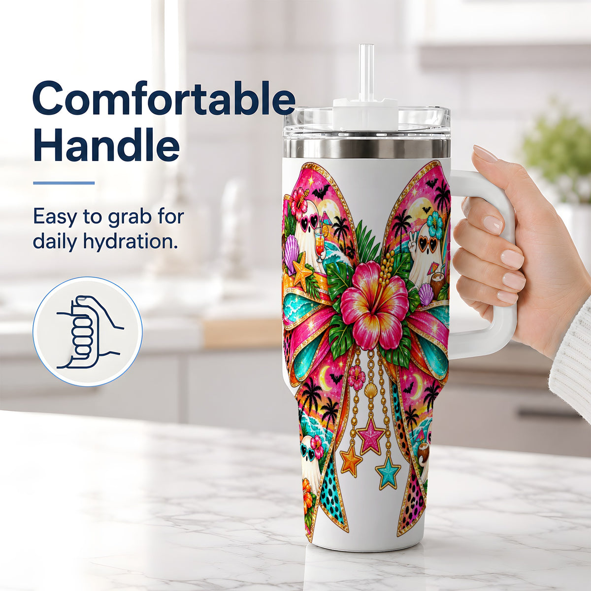#pl[40oz|White] Tropical Ghost Bow 40oz Tumbler, Stainless Steel Beach Halloween Art
