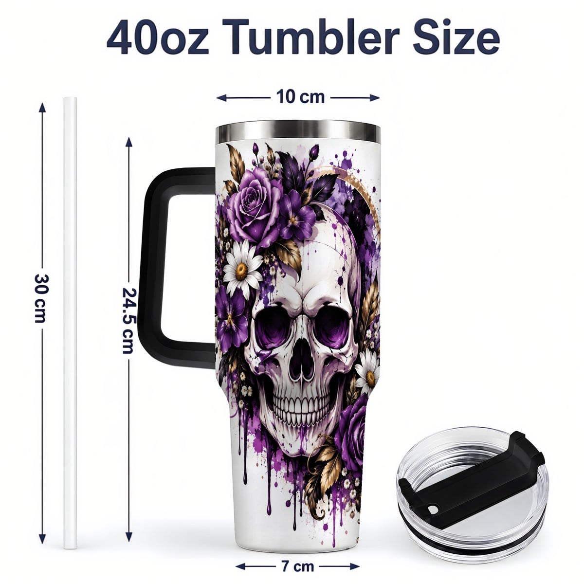 #pl[40oz|Black] Purple Floral Skull 40oz Tumbler, Stainless Steel Gothic Rose Artwork