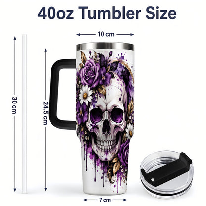#pl[40oz|Black] Purple Floral Skull 40oz Tumbler, Stainless Steel Gothic Rose Artwork