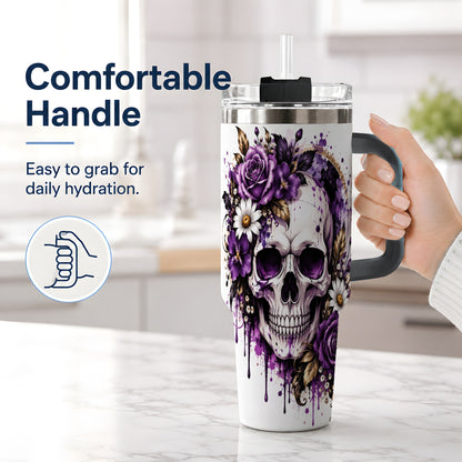 #pl[40oz|Black] Purple Floral Skull 40oz Tumbler, Stainless Steel Gothic Rose Artwork