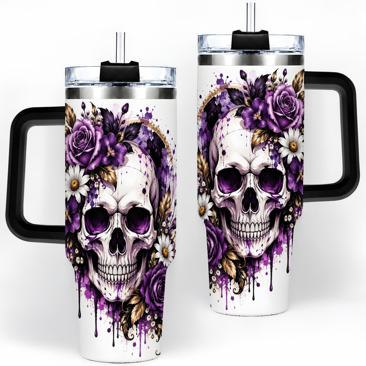 #pl[40oz|Black] Purple Floral Skull 40oz Tumbler, Stainless Steel Gothic Rose Artwork