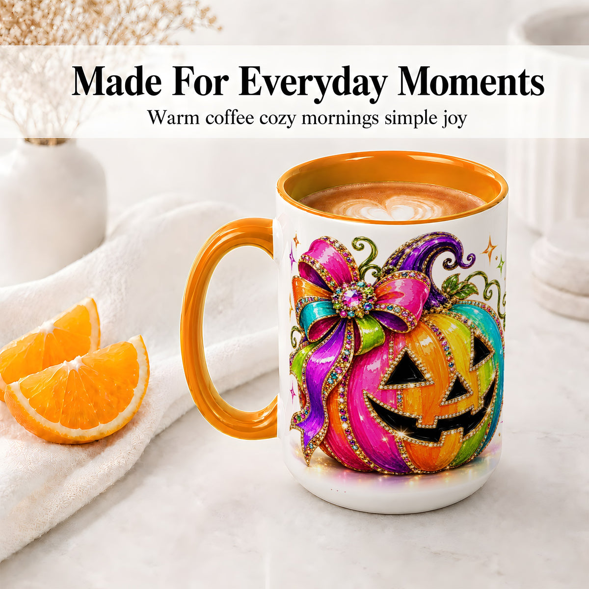 #pl[15oz|Orange] Rainbow Halloween Pumpkin Ceramic Mug, Jewel-Inspired Bow Artwork