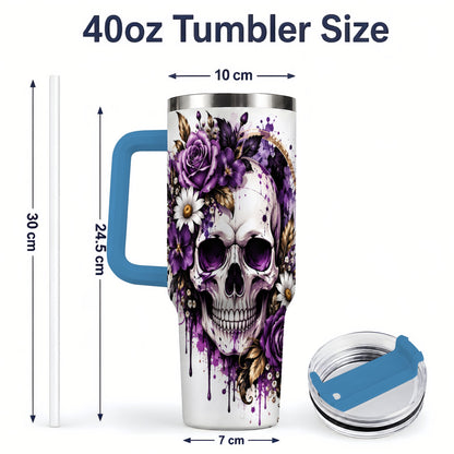 #pl[40oz|Blue] Purple Floral Skull 40oz Tumbler, Stainless Steel Gothic Rose Artwork