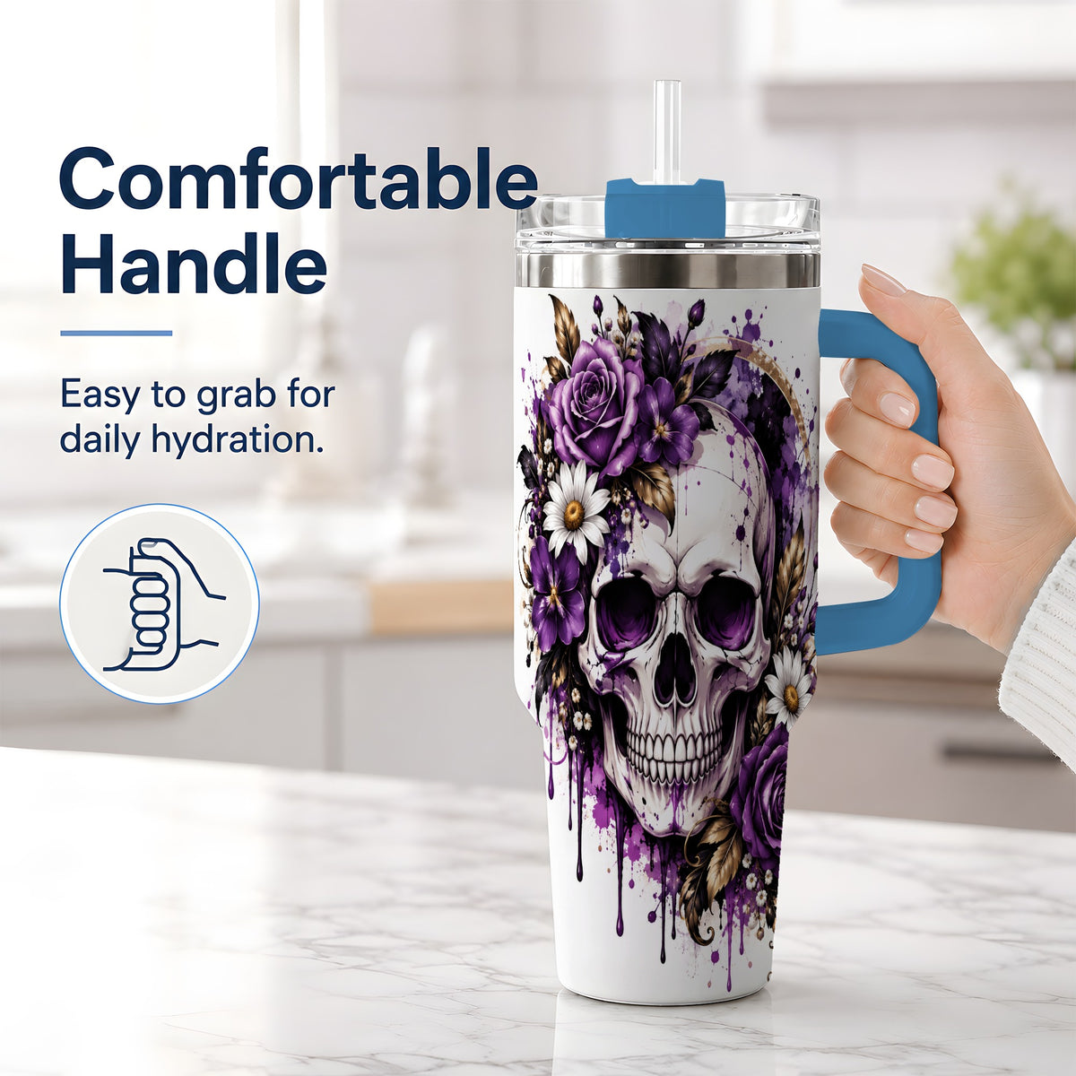 #pl[40oz|Blue] Purple Floral Skull 40oz Tumbler, Stainless Steel Gothic Rose Artwork
