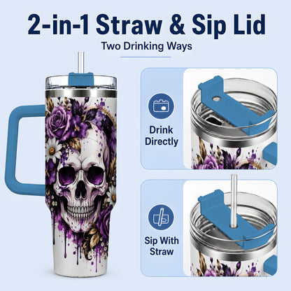 #pl[40oz|Blue] Purple Floral Skull 40oz Tumbler, Stainless Steel Gothic Rose Artwork