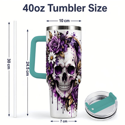 #pl[40oz|Green] Purple Floral Skull 40oz Tumbler, Stainless Steel Gothic Rose Artwork