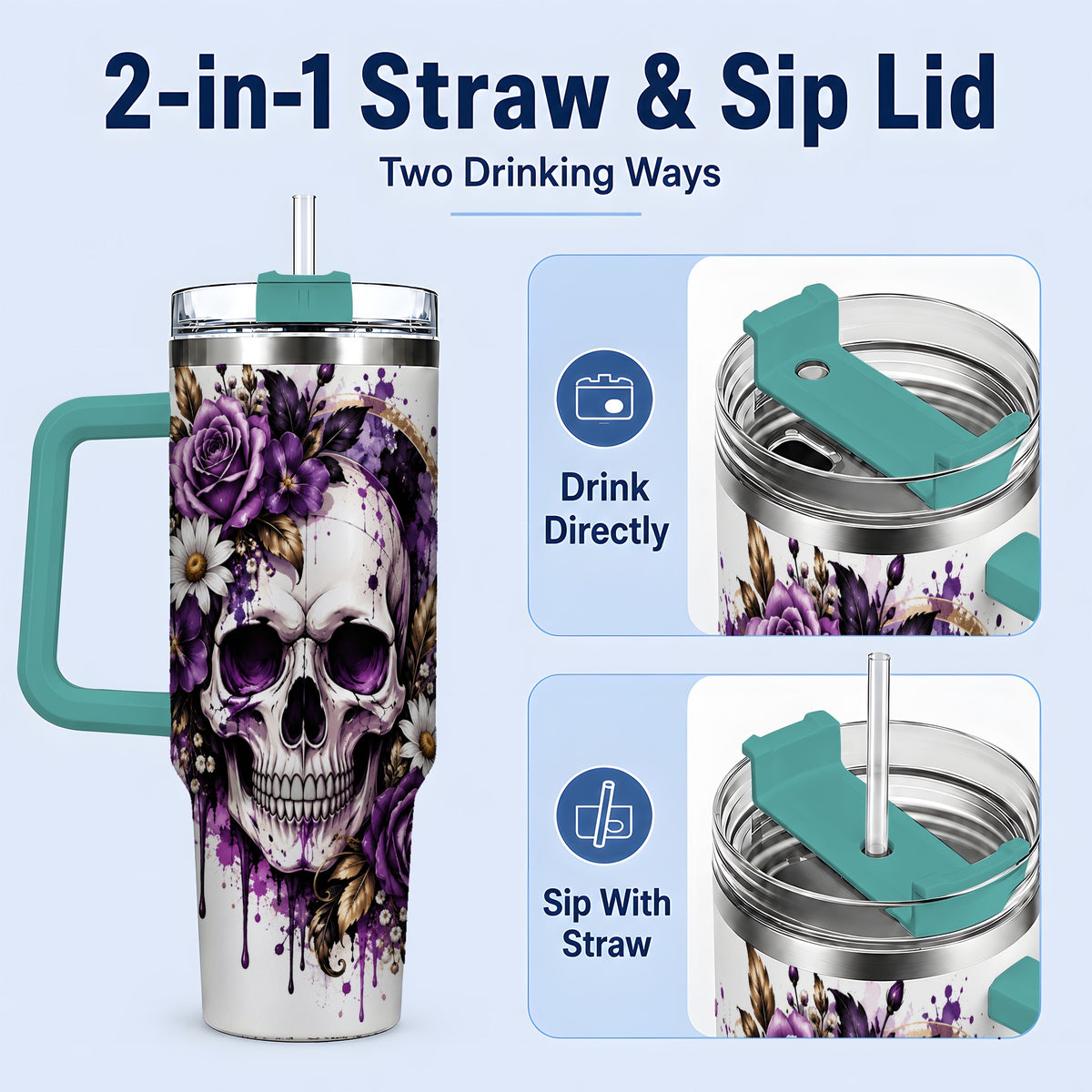 #pl[40oz|Green] Purple Floral Skull 40oz Tumbler, Stainless Steel Gothic Rose Artwork