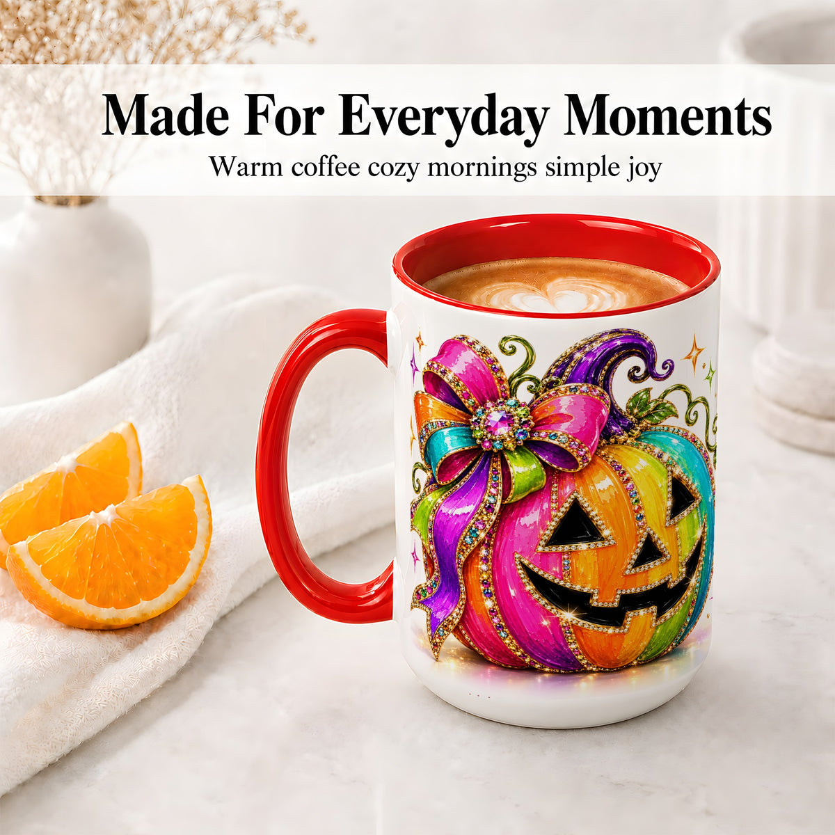 #pl[15oz|Red] Rainbow Halloween Pumpkin Ceramic Mug, Jewel-Inspired Bow Artwork