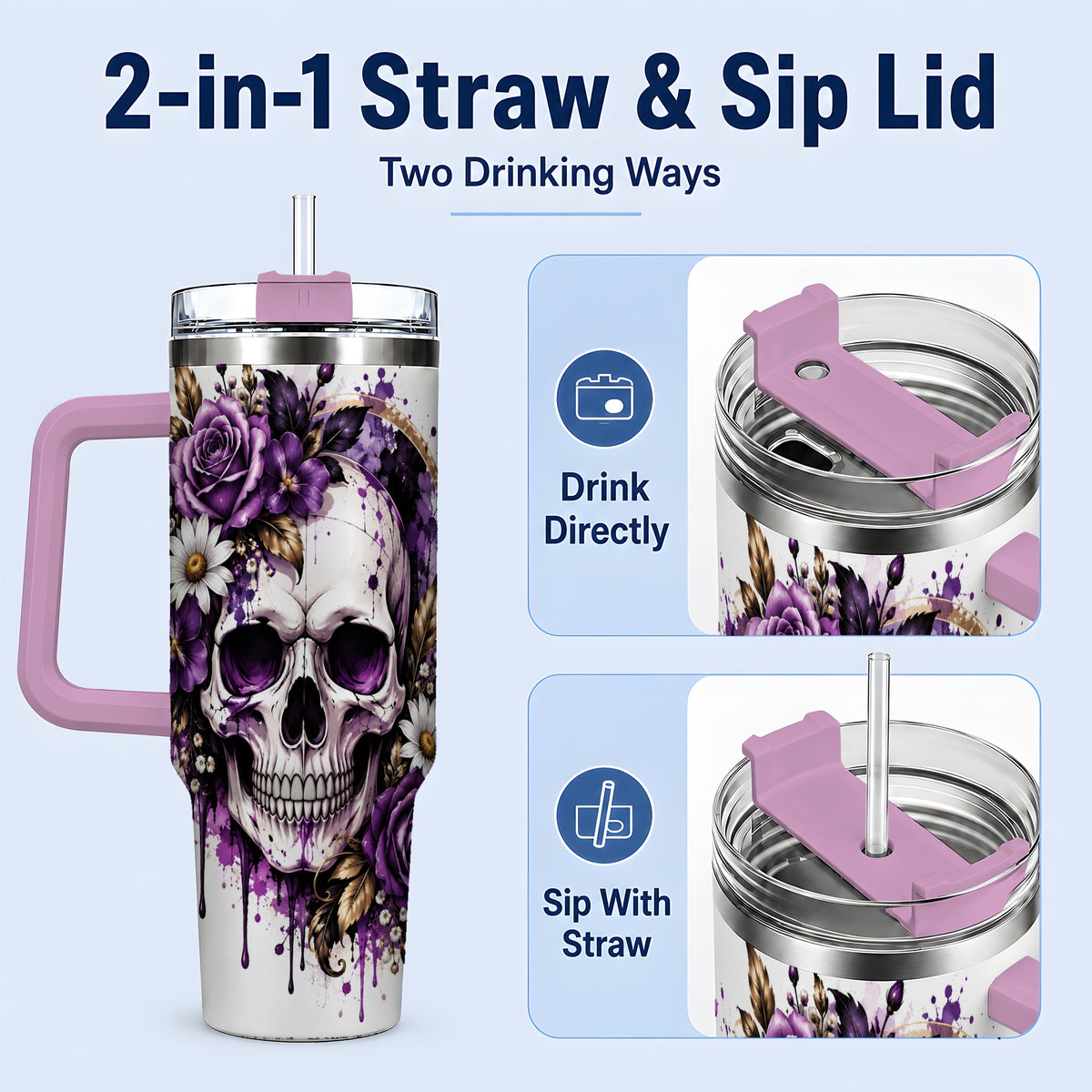 #pl[40oz|Pink] Purple Floral Skull 40oz Tumbler, Stainless Steel Gothic Rose Artwork