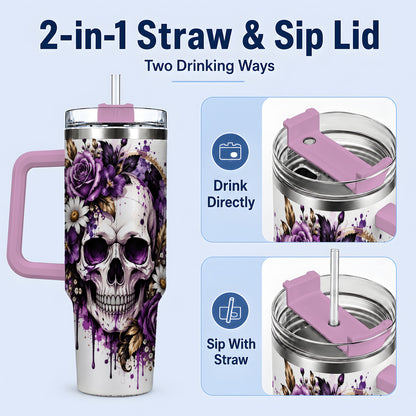 #pl[40oz|Pink] Purple Floral Skull 40oz Tumbler, Stainless Steel Gothic Rose Artwork