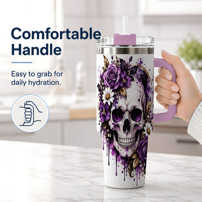#pl[40oz|Pink] Purple Floral Skull 40oz Tumbler, Stainless Steel Gothic Rose Artwork