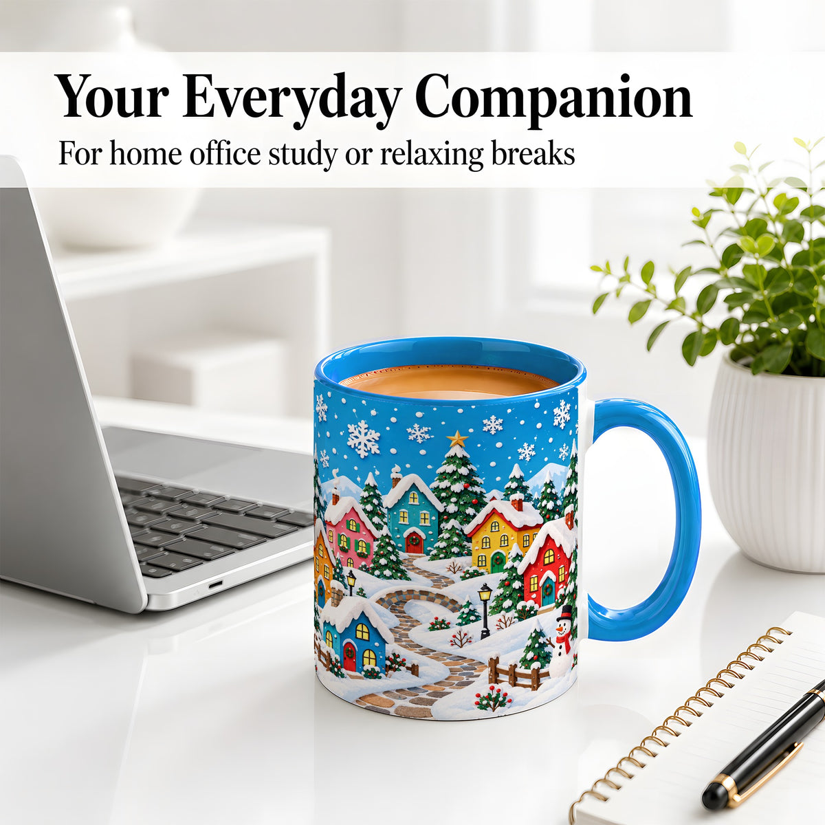 #pl[11oz|Blue] Christmas Village Ceramic Mug, Colorful Snowy Winter Artwork