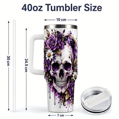 #pl[40oz|White] Purple Floral Skull 40oz Tumbler, Stainless Steel Gothic Rose Artwork