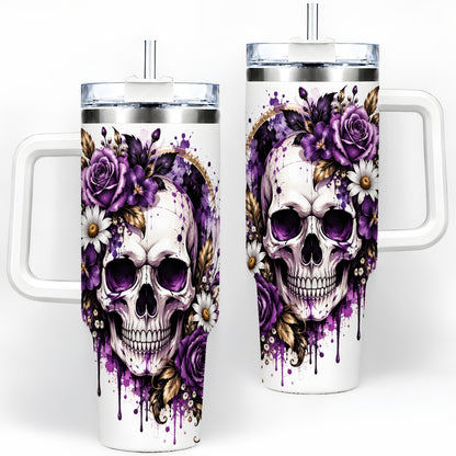 Purple Floral Skull 40oz Tumbler, Stainless Steel Gothic Rose Artwork