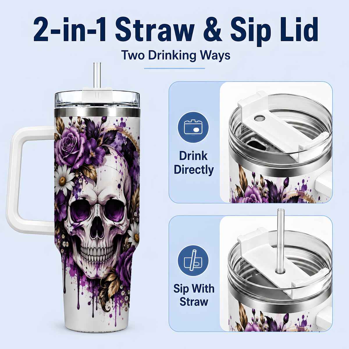 #pl[40oz|White] Purple Floral Skull 40oz Tumbler, Stainless Steel Gothic Rose Artwork