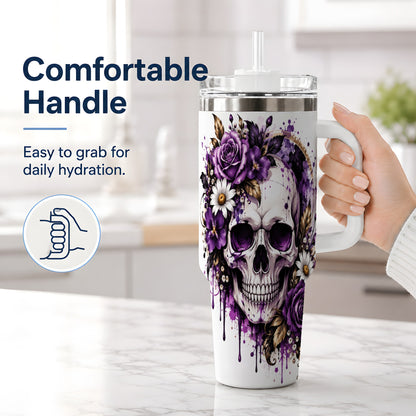 #pl[40oz|White] Purple Floral Skull 40oz Tumbler, Stainless Steel Gothic Rose Artwork