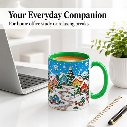 #pl[11oz|Green] Christmas Village Ceramic Mug, Colorful Snowy Winter Artwork