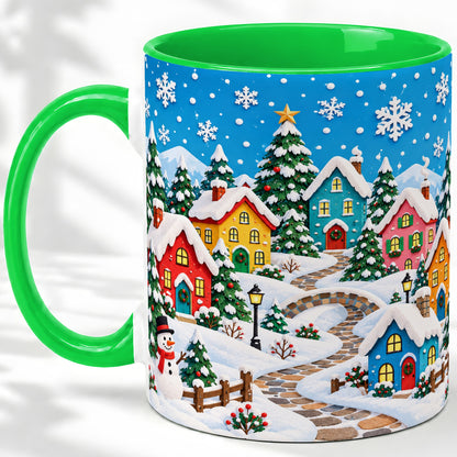 #pl[11oz|Green] Christmas Village Ceramic Mug, Colorful Snowy Winter Artwork