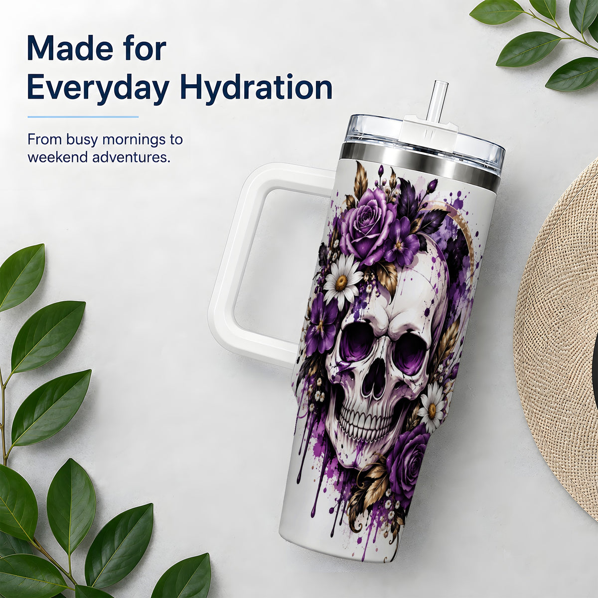 Purple Floral Skull 40oz Tumbler, Stainless Steel Gothic Rose Artwork