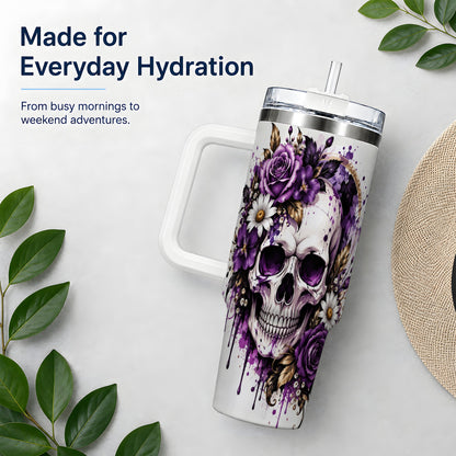 Purple Floral Skull 40oz Tumbler, Stainless Steel Gothic Rose Artwork