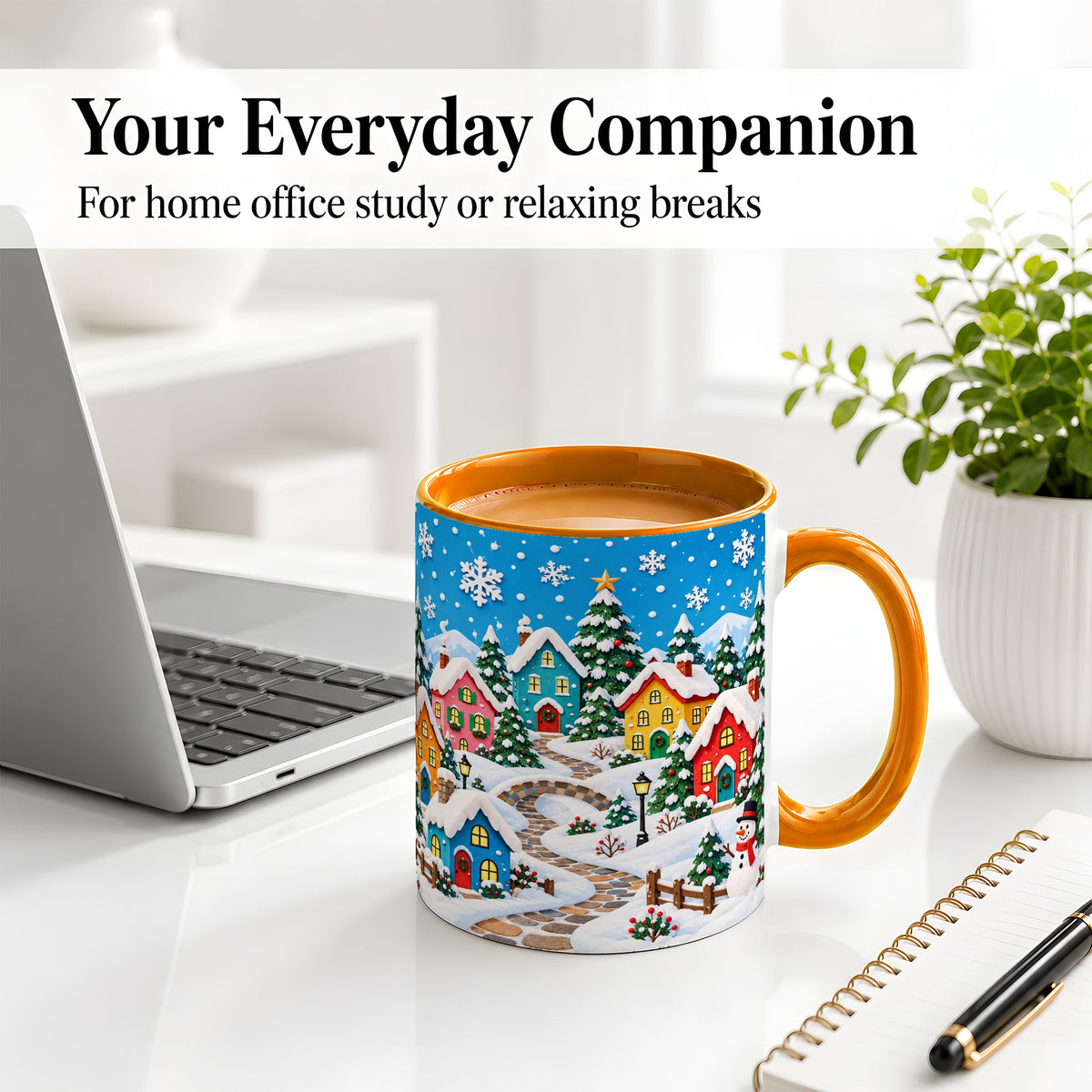 #pl[11oz|Orange] Christmas Village Ceramic Mug, Colorful Snowy Winter Artwork