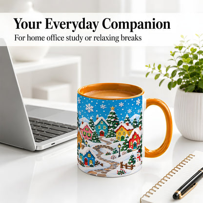 #pl[11oz|Orange] Christmas Village Ceramic Mug, Colorful Snowy Winter Artwork