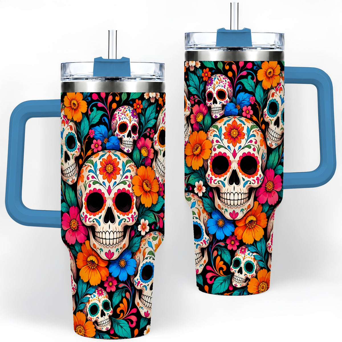 #pl[40oz|Blue] Colorful Sugar Skull 40oz Tumbler, Floral Day of the Dead Artwork