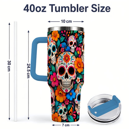 #pl[40oz|Blue] Colorful Sugar Skull 40oz Tumbler, Floral Day of the Dead Artwork