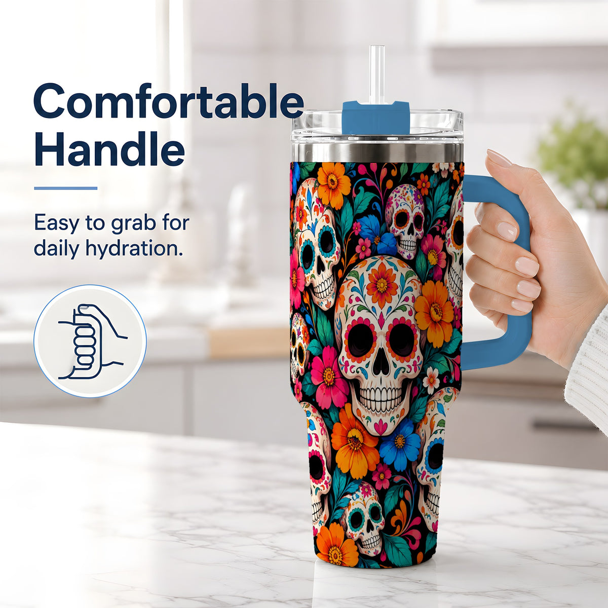 #pl[40oz|Blue] Colorful Sugar Skull 40oz Tumbler, Floral Day of the Dead Artwork