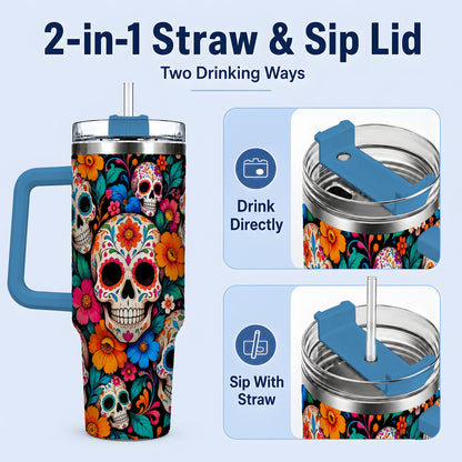 #pl[40oz|Blue] Colorful Sugar Skull 40oz Tumbler, Floral Day of the Dead Artwork