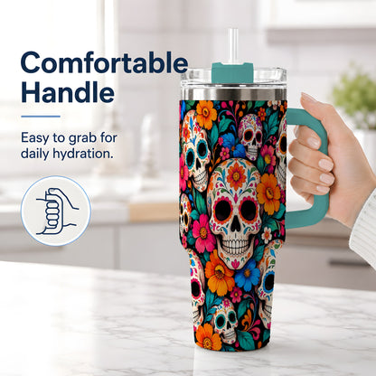 #pl[40oz|Green] Colorful Sugar Skull 40oz Tumbler, Floral Day of the Dead Artwork
