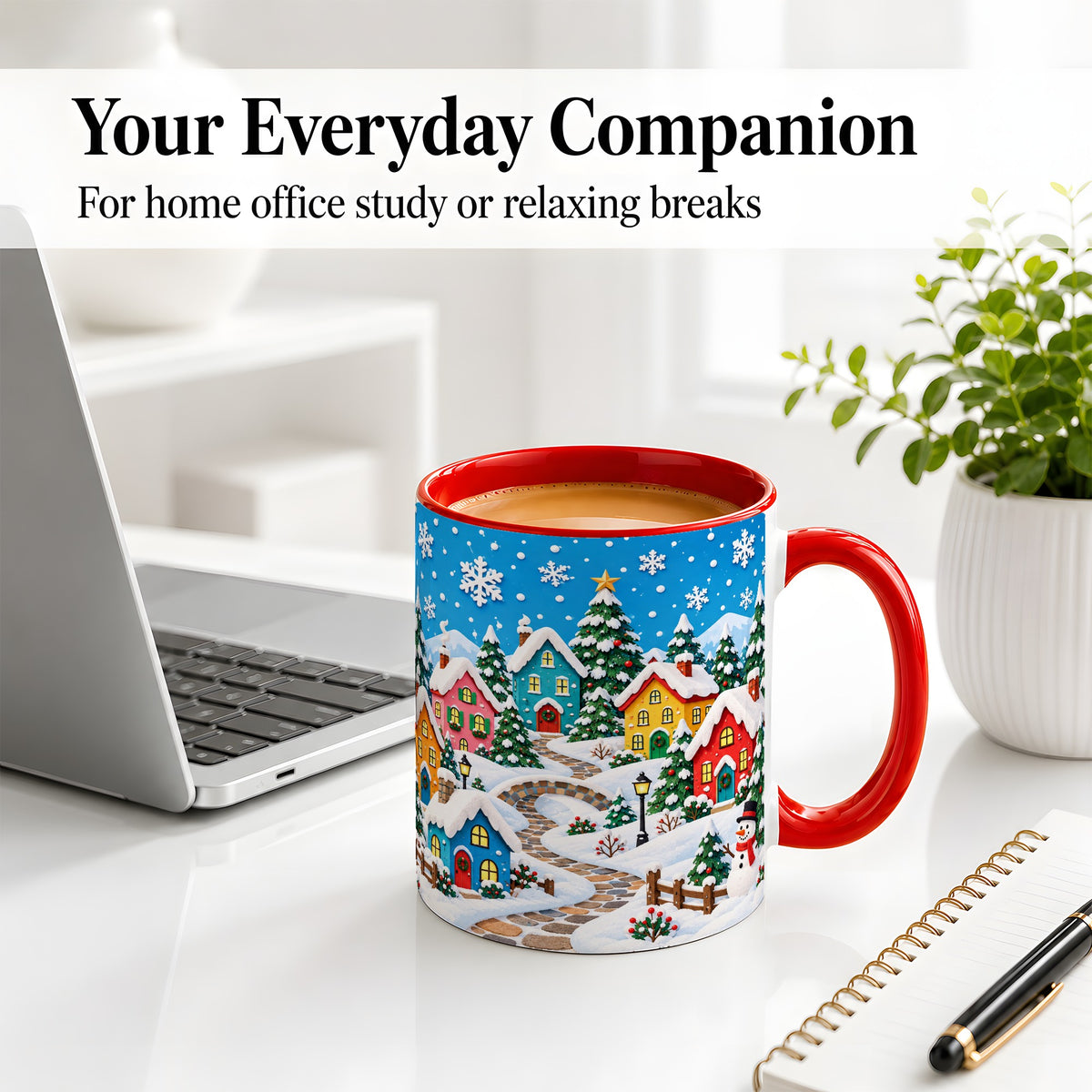 #pl[11oz|Red] Christmas Village Ceramic Mug, Colorful Snowy Winter Artwork