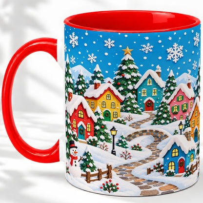 Christmas Village Ceramic Mug, Colorful Snowy Winter Artwork