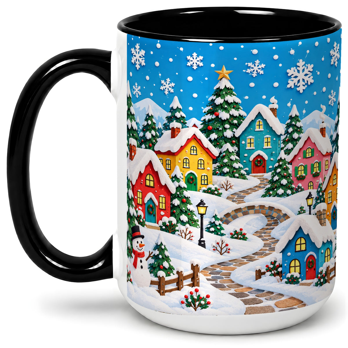 #pl[15oz|Black] Christmas Village Ceramic Mug, Colorful Snowy Winter Artwork