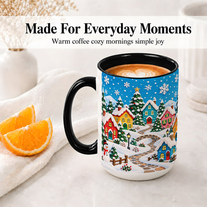 #pl[15oz|Black] Christmas Village Ceramic Mug, Colorful Snowy Winter Artwork