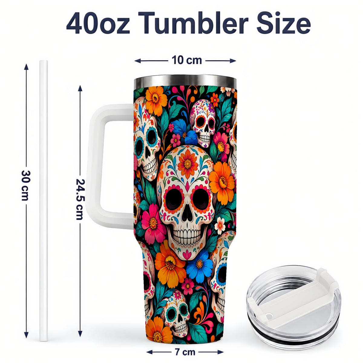 #pl[40oz|White] Colorful Sugar Skull 40oz Tumbler, Floral Day of the Dead Artwork