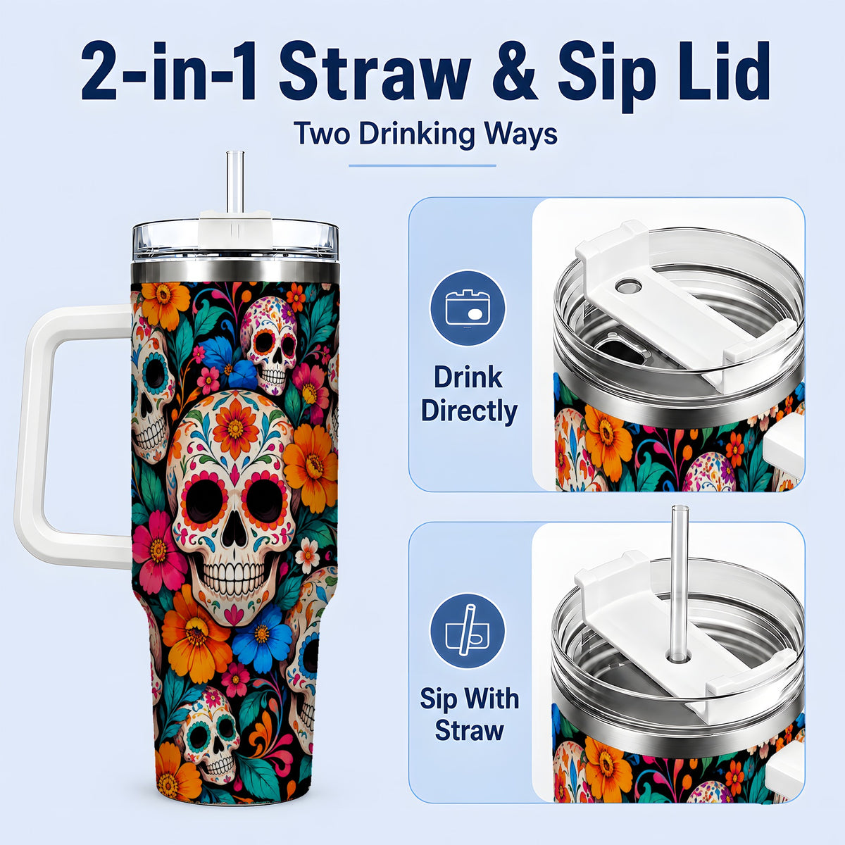 #pl[40oz|White] Colorful Sugar Skull 40oz Tumbler, Floral Day of the Dead Artwork