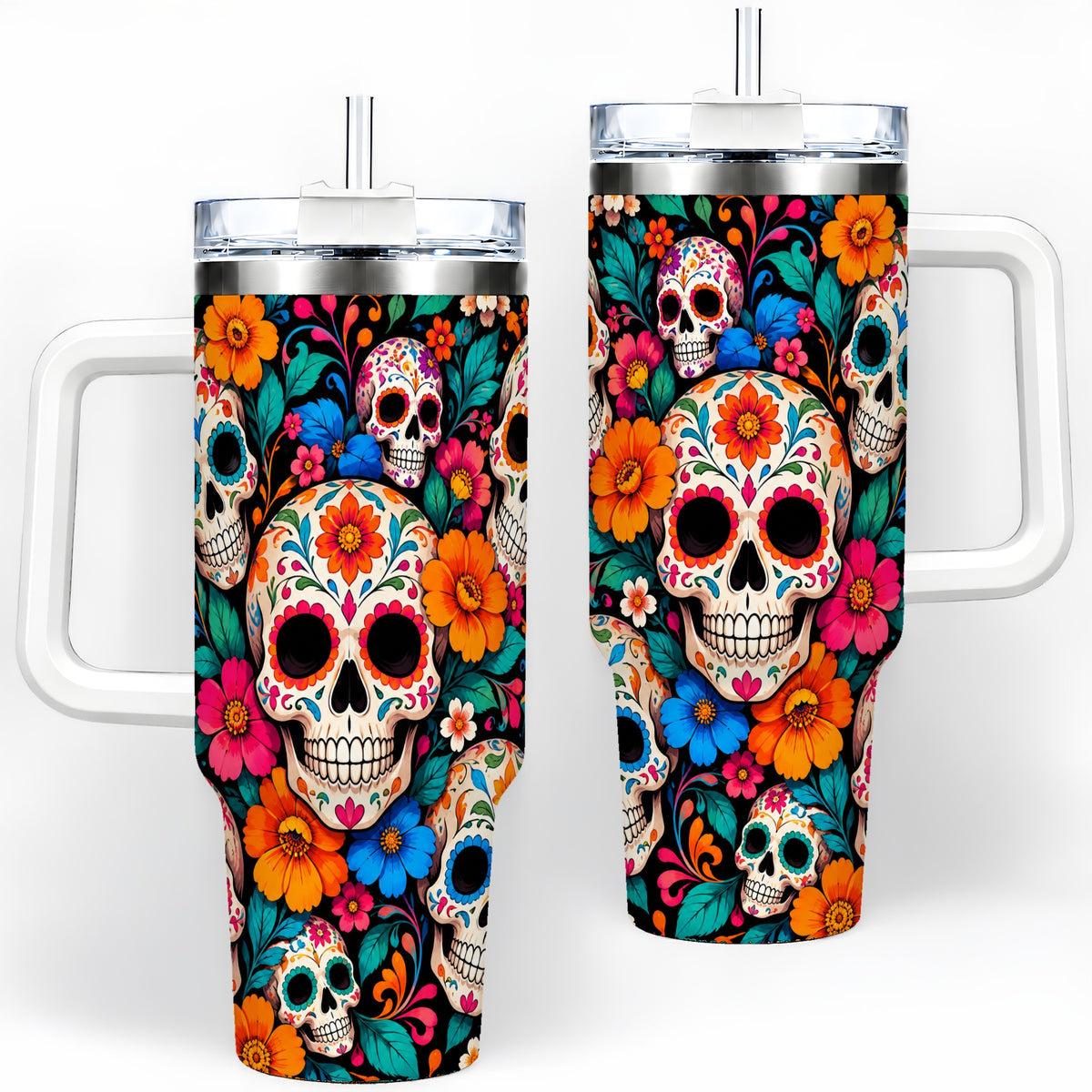 Colorful Sugar Skull 40oz Tumbler, Floral Day of the Dead Artwork
