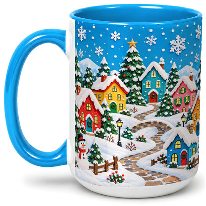 #pl[15oz|Blue] Christmas Village Ceramic Mug, Colorful Snowy Winter Artwork