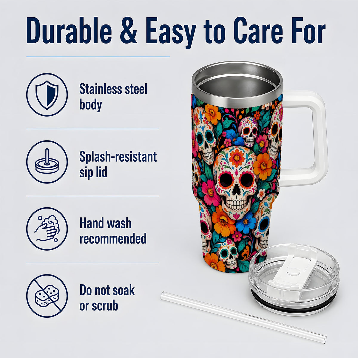 Colorful Sugar Skull 40oz Tumbler, Floral Day of the Dead Artwork