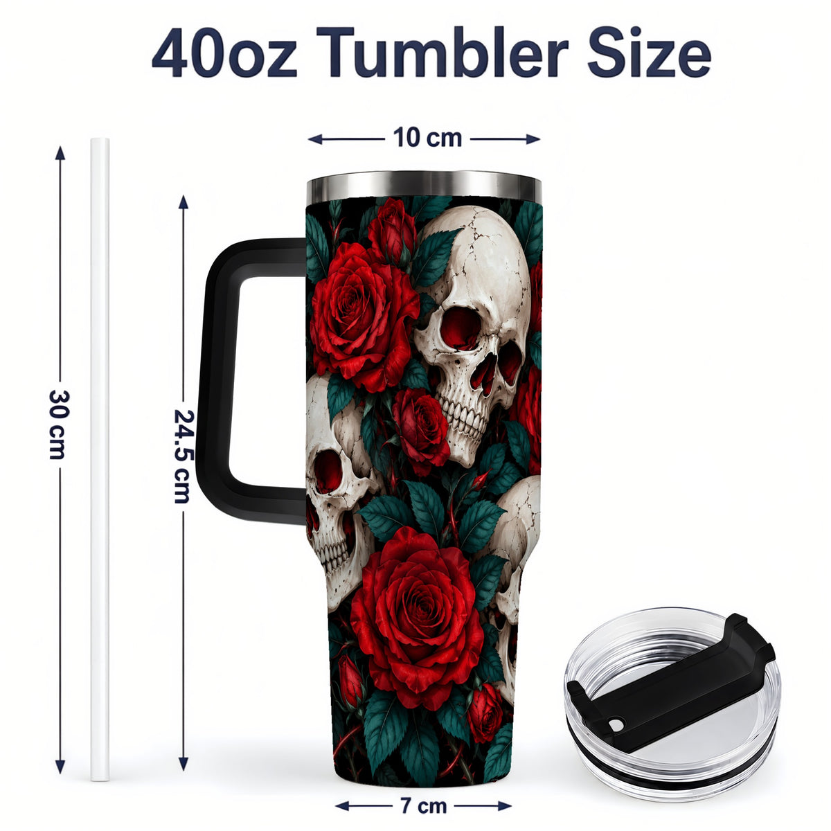 #pl[40oz|Black] Red Rose Skull 40oz Tumbler, Stainless Steel Dark Gothic Floral Art