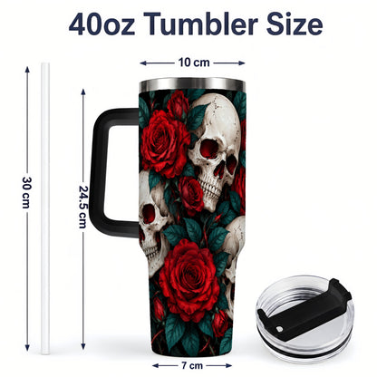 #pl[40oz|Black] Red Rose Skull 40oz Tumbler, Stainless Steel Dark Gothic Floral Art