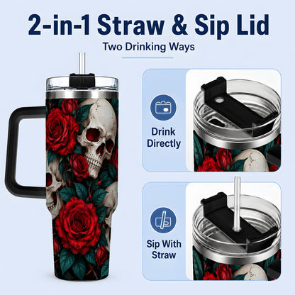 #pl[40oz|Black] Red Rose Skull 40oz Tumbler, Stainless Steel Dark Gothic Floral Art