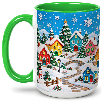 #pl[15oz|Green] Christmas Village Ceramic Mug, Colorful Snowy Winter Artwork