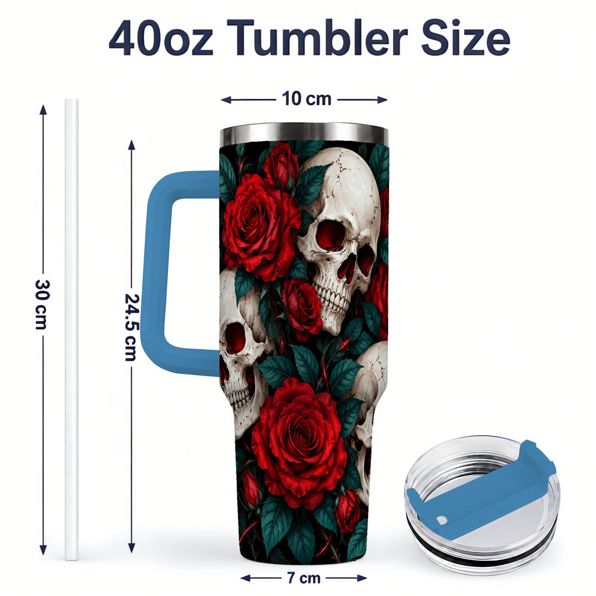 #pl[40oz|Blue] Red Rose Skull 40oz Tumbler, Stainless Steel Dark Gothic Floral Art