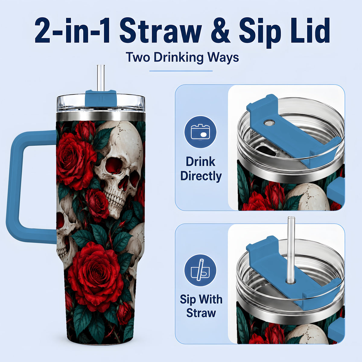 #pl[40oz|Blue] Red Rose Skull 40oz Tumbler, Stainless Steel Dark Gothic Floral Art