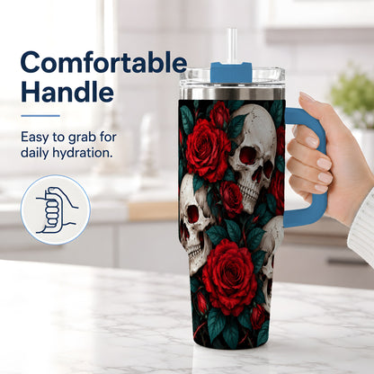 #pl[40oz|Blue] Red Rose Skull 40oz Tumbler, Stainless Steel Dark Gothic Floral Art